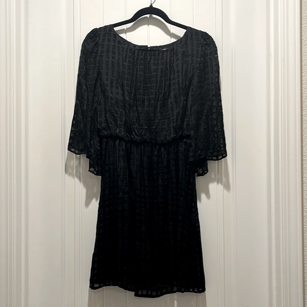 Alice + Olivia Sz S silk LBD window pane mini dress flowy sleeve burnout